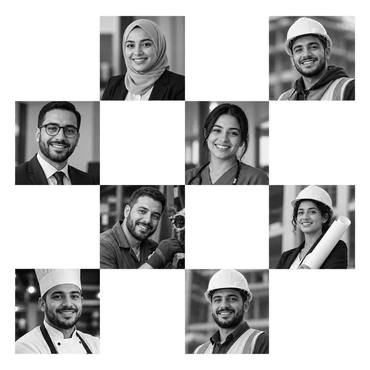 Smiling Algerian professionals from corporate, construction, healthcare and skilled trades
